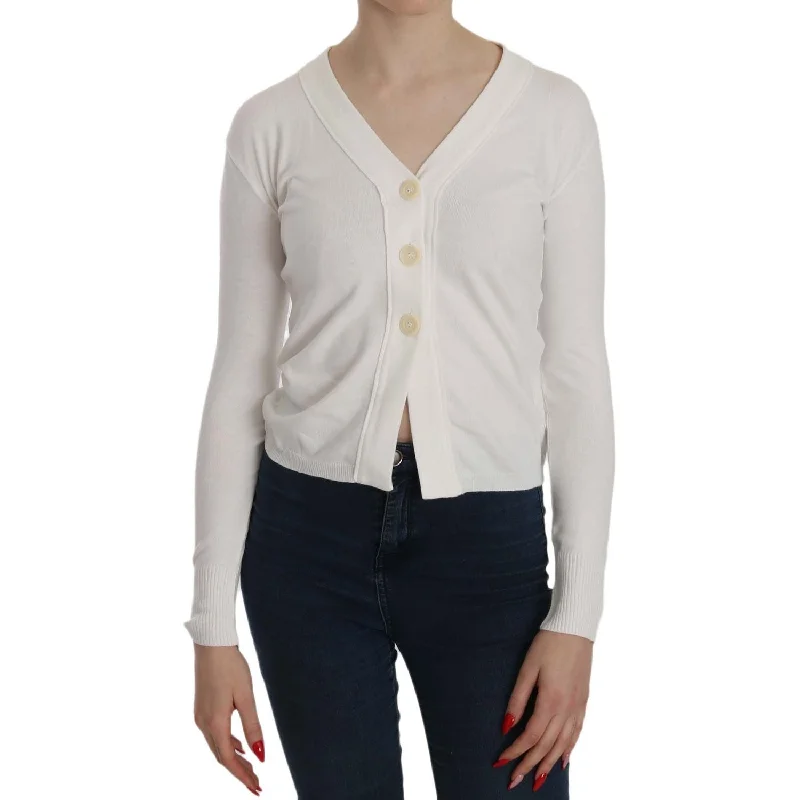 BYBLOS Elegant White V-Neck Cropped Cardigan Blouse Welt Pockets Slit Pockets Flap Pockets