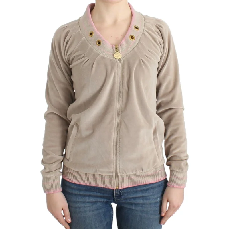 Cavalli Beige Zip Cardigan with Gold Tone Accents Polka Dot Checkered Tartan