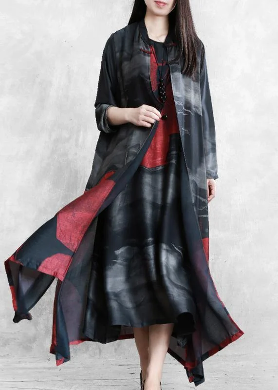 Organic black print Fashion crane dress Sewing stand Chinese Button  cardigan Anti-Pilling Anti-Shrink Durable