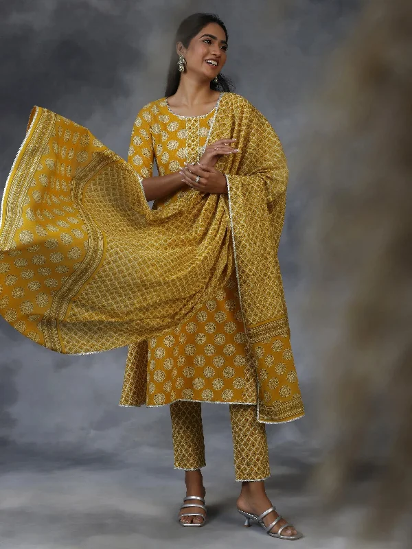 Mustard Printed Cotton A-Line Kurta With Trousers & Dupatta Trousers Silk Elegant