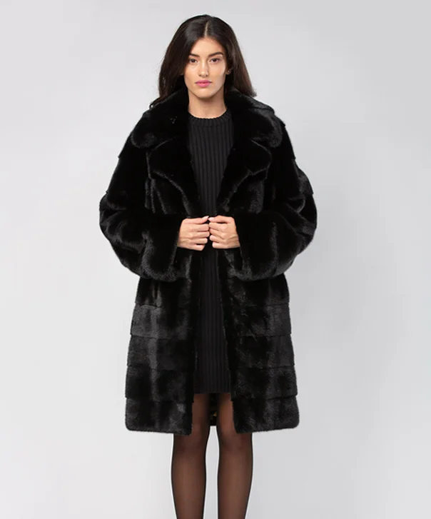 Women’s Horizontal Black Mink Fur Coat Bodycon Sheath Shift