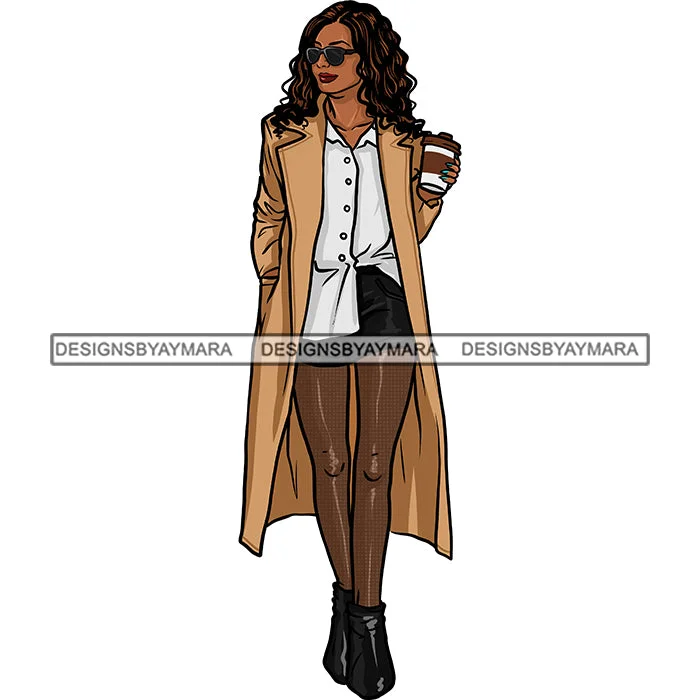 Black Woman Walking With Long Coat  Cup Of Coffee Long Hair JPG PNG  Clipart Cricut Silhouette Cut Cutting A-Line Ball Gown Mermaid