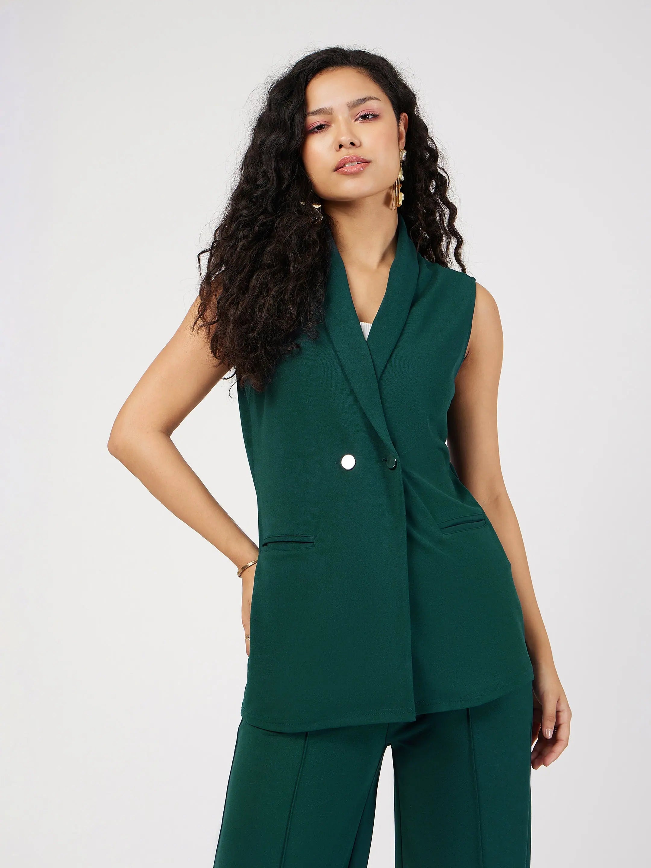 Women Emerald Double-Breast Sleeveless Longline Blazer Women's Formal Blazer