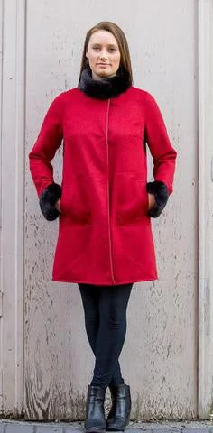 Bergen of Norway Kari - Red Loro Piana Cashmere Mink Coat Tweed Herringbone Houndstooth