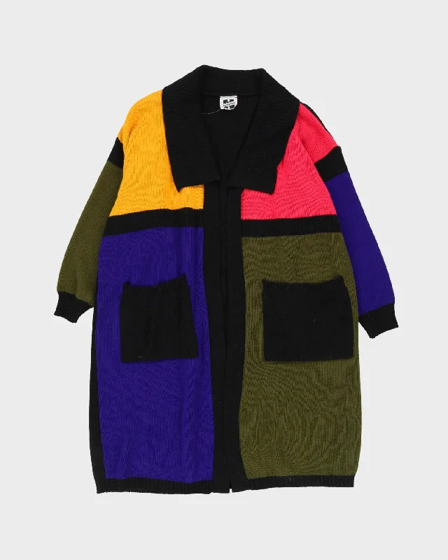 00s Block Color Long Knitted Cardigan - XXL Houndstooth Herringbone Solid