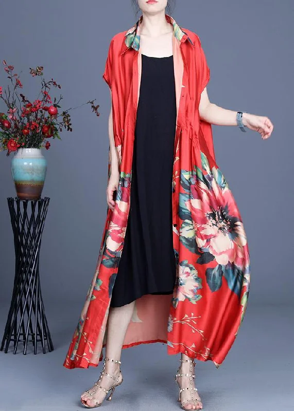 Beautiful Red Print Summer Cardigan Long Satin Fabric Silk Fabric Chiffon Fabric