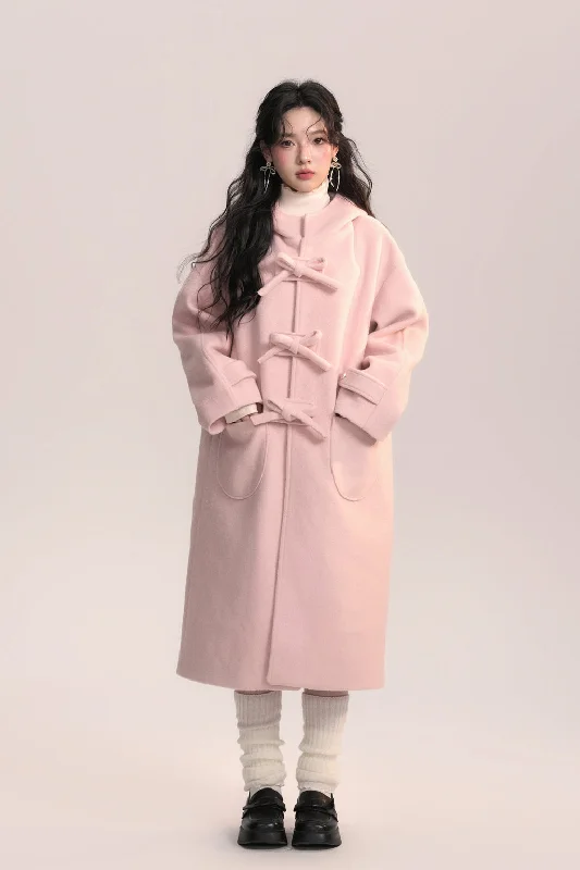 First Love Pink Bow Woolen Coat AOO0041 Elasticated Drawstring Belted