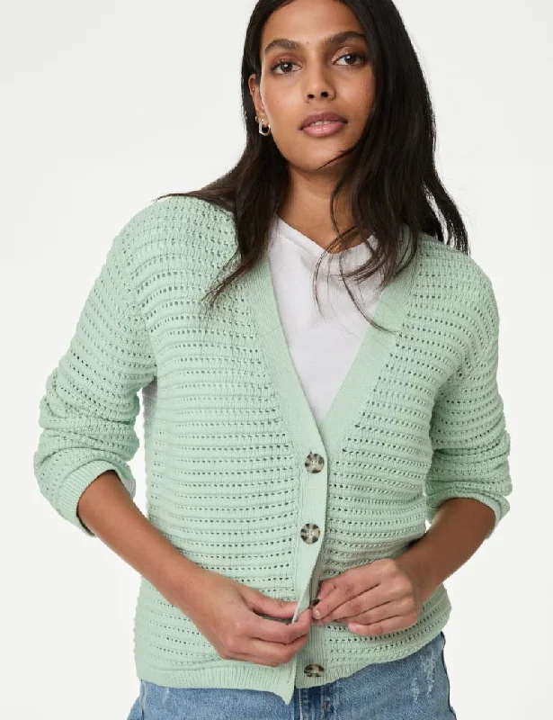 Cotton Rich Textured V-Neck Cardigan Zippered Buttoned Snapped
