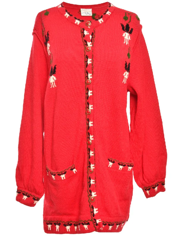 Button Through  Red Cardigan - L Fitted Loose Oversized
