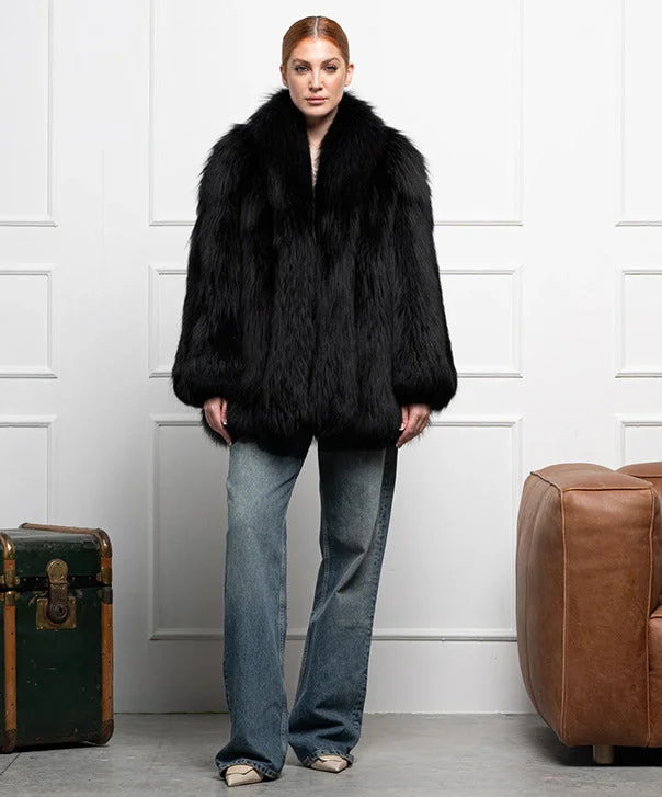 Women's Black Fox Fur Coat Blouse Shirt Tunic