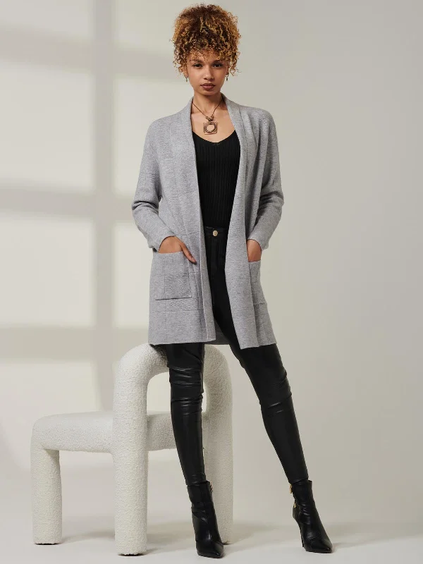 Shawl Collar Check Knit Cardigan, Grey Heather Iron Safe Non-Iron Wrinkle Free