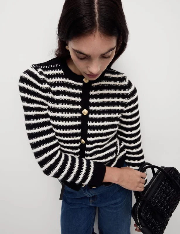 Striped Crew Neck Button Front Cardigan Satin Blend Silk Blend Wool Blend