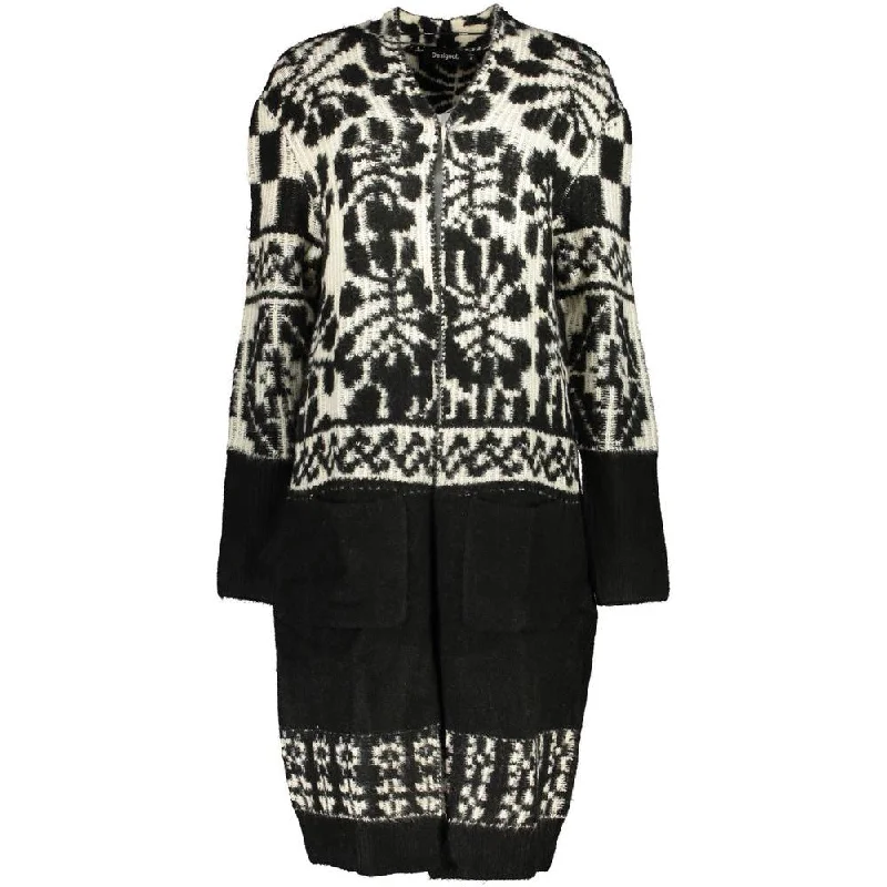 Desigual Chic Long Sleeved Coat with Contrast Details Sequined Lace Ribbed