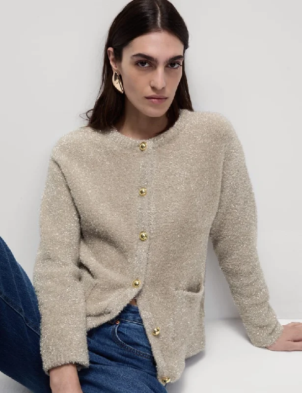 Metallic Crew Neck Button Front Cardigan Layered Multi-layer Single Layer