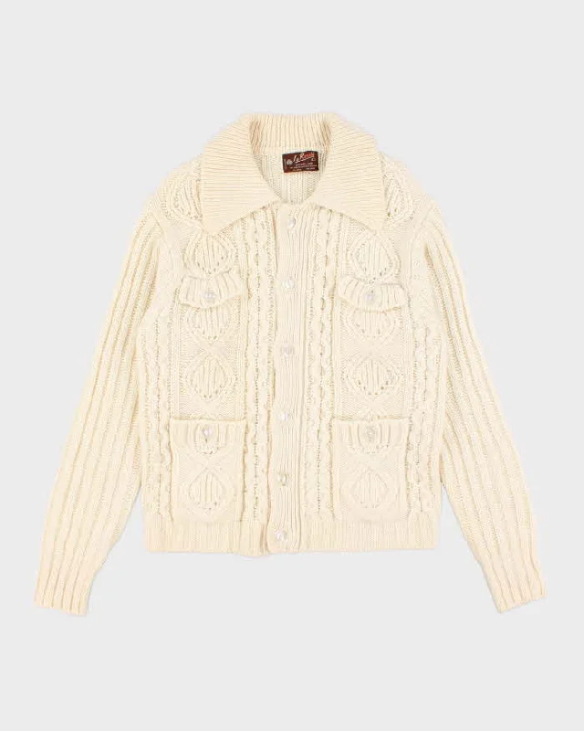 Womens Vintage Cream Cable Knit Wool Button Up Cardigan - L Real Fur Shearling Chenille Womens Vintage Cream Cable Knit Wool Button Up Cardigan - L Real Fur Shearling Chenille