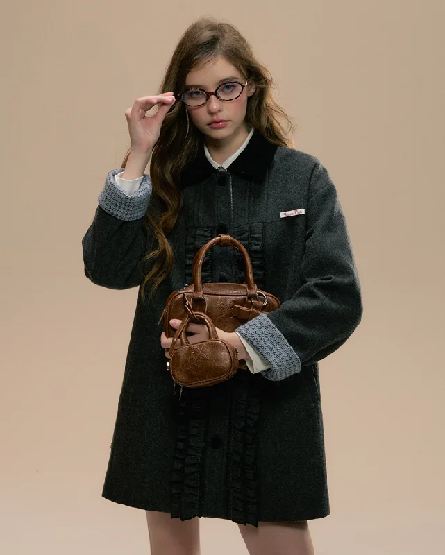Wool blend ruffle design girly mid-length coat SUN0096 Raincoat Turtleneck Coat Wrap Coat