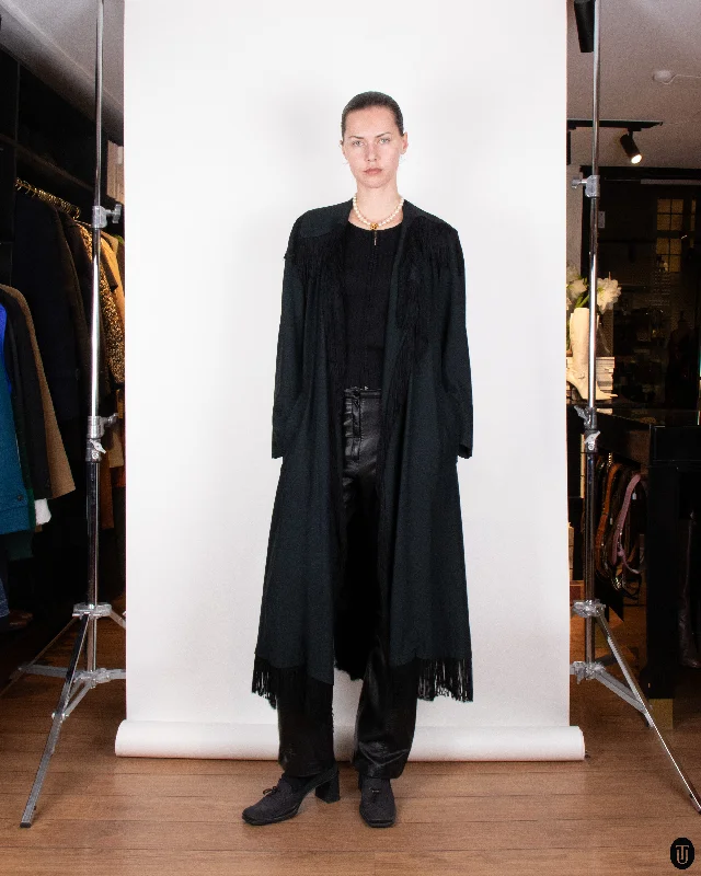 SS89 Moschino Couture Black Fringe Wrap Coat L A-Line Ball Gown Mermaid