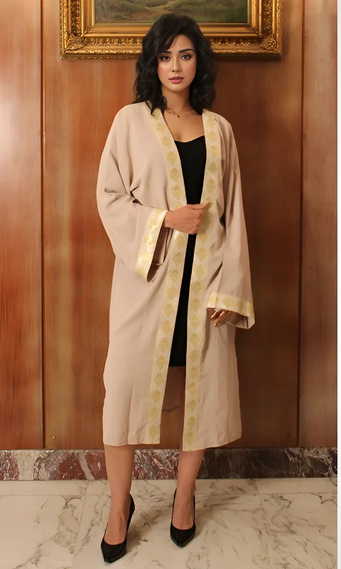 Women Short Cardigan Gold Tape (Beige) Cable Knit Ribbed Knit Lace Knit