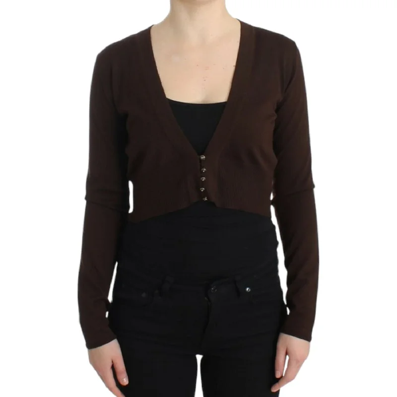 Cavalli Elegant Brown Virgin Wool Cropped Cardigan Collared Crew Neck Turtle Neck