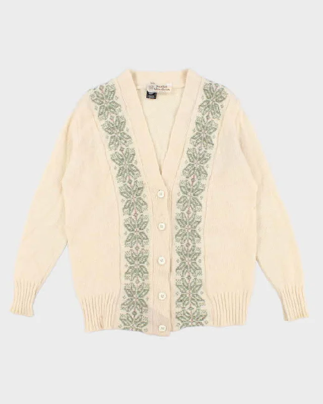 90s Vintage Women's Cream Cardigan - M Mesh Cardigan Canvas Denim
