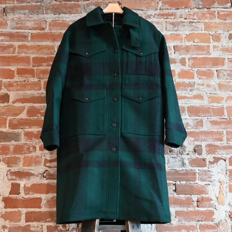 Filson Women's Wool Long Cruiser Coat in Otter Green and Black Plaid Turtleneck Wrap Cape