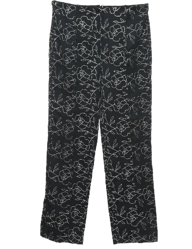 Floral Print Black & White Illustrated Trousers - W32 L32 Trousers Vintage Classic