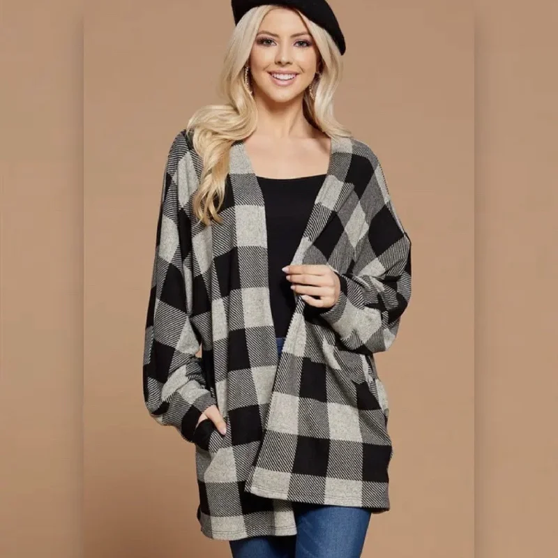 Curvy Buffalo Plaid Cardigan Glossy Satin Silk