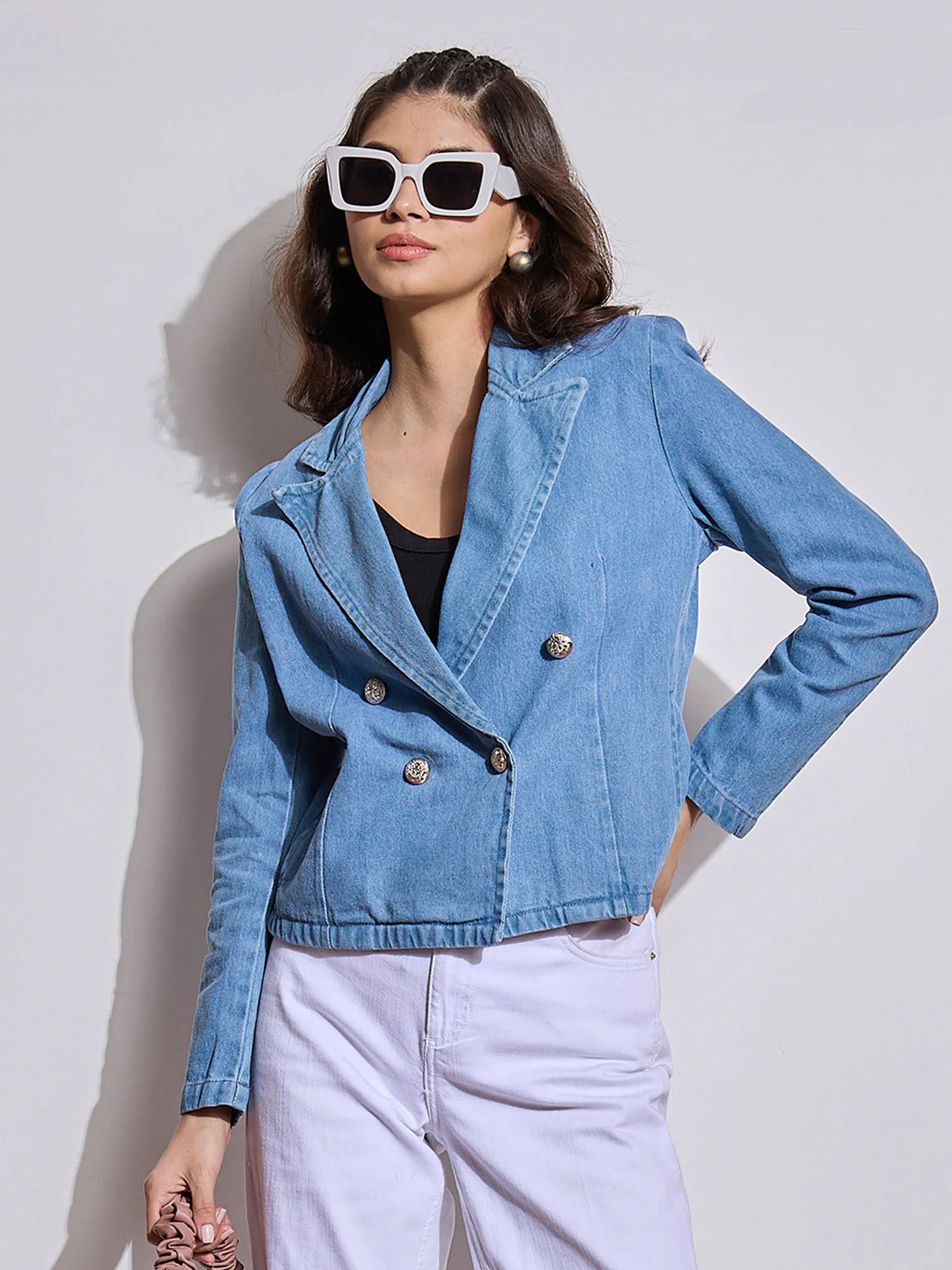 Women Blue Denim Front Button Notch Collar Crop Blazer-SFJCKT6956 Women's Handmade Blazer
