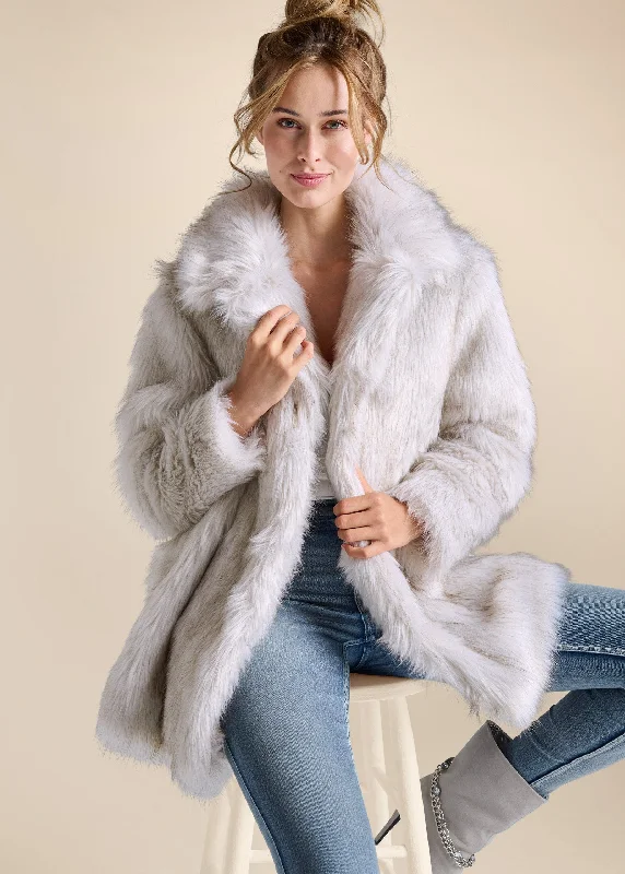Luxe Mid-Length Faux Fur Coat - Grey Trim Padded Insulated