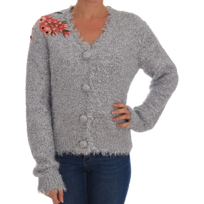 Dolce & Gabbana Elegant Silver Floral Applique Cardigan Stretchy Elastic Breathable