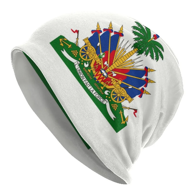 Unisex Bonnet Knit Hat Men Women Haiti Coat Of Arms Street Fleece Down Feather