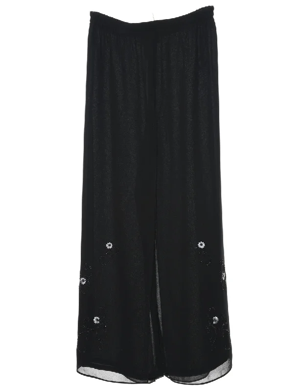 Black Embroidered Daisy Design Trousers  - W28 L27 Trousers Mesh Breathable