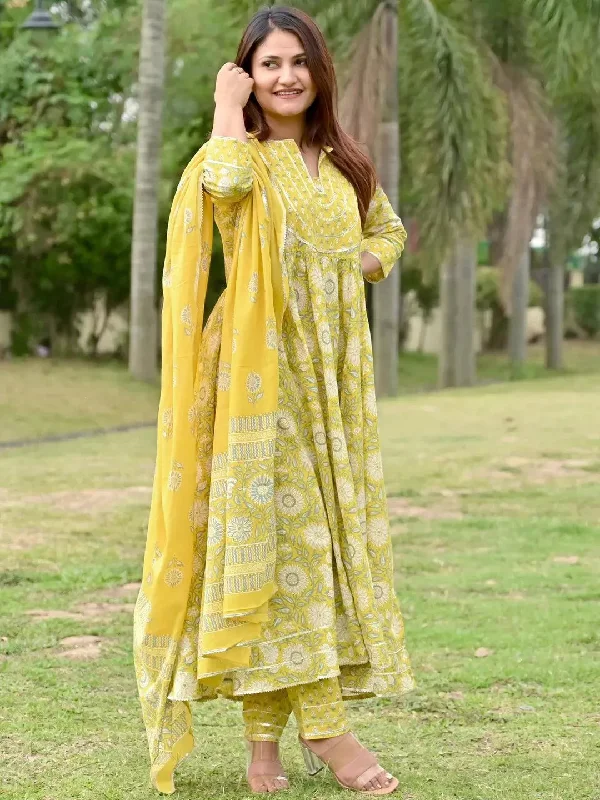 Yellow Yoke Design Cotton Anarkali Kurta With Trousers & Dupatta Trousers Plaid Checkered