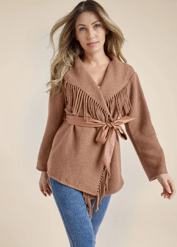Belted Fringe Coat - Camel Zip Front Button Front Snap Front