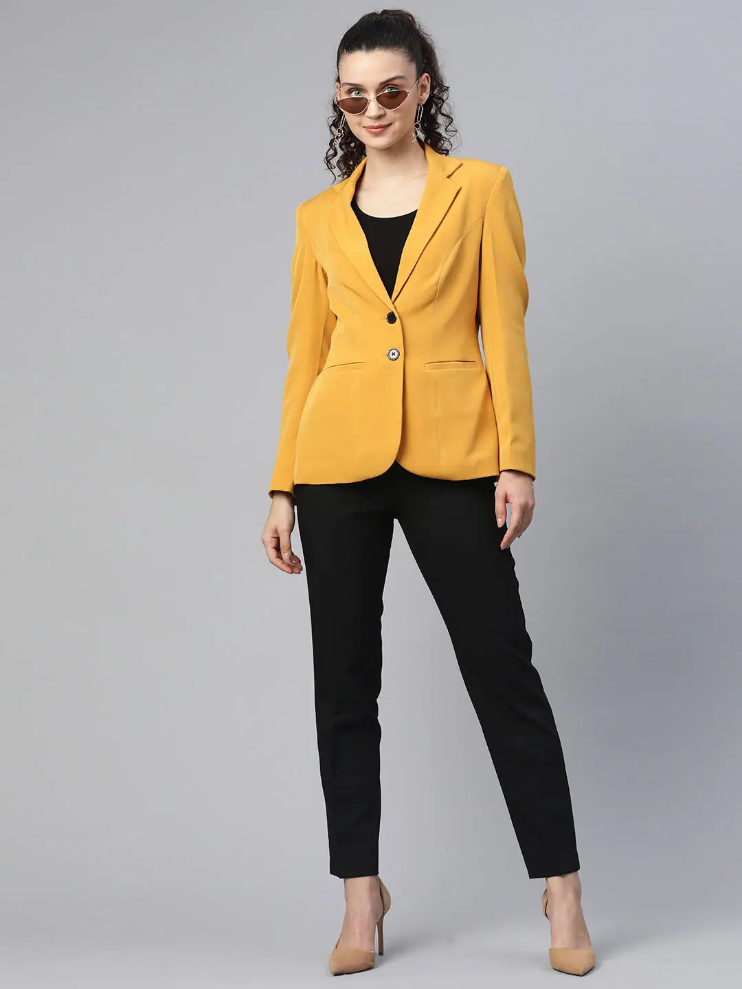PowerSutra Notched Lapel Light Weight BLAZER - Mustard Yellow Women's Stripe Blazer