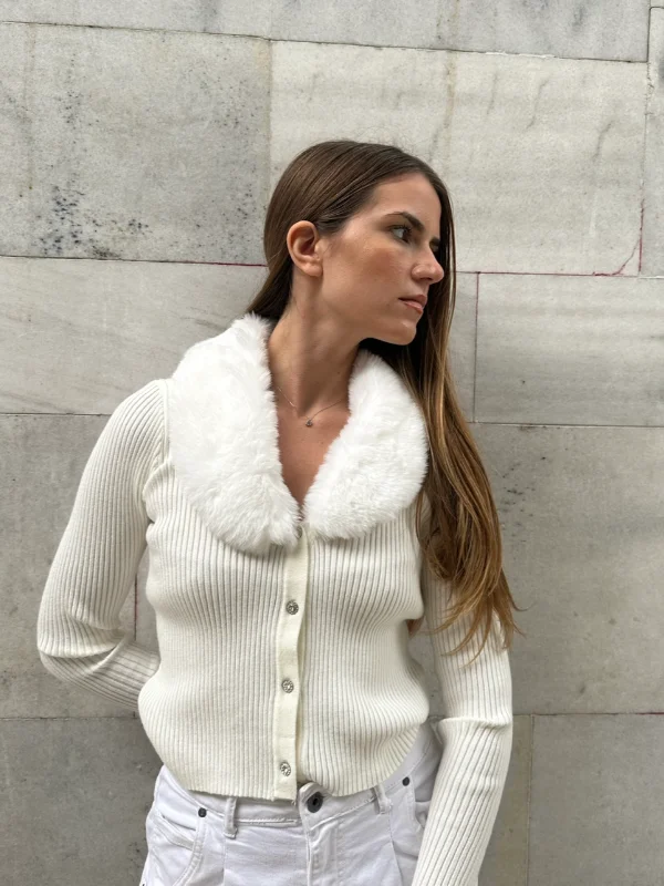 Cardigan with eco fur collar Embroidered Appliqued Beaded