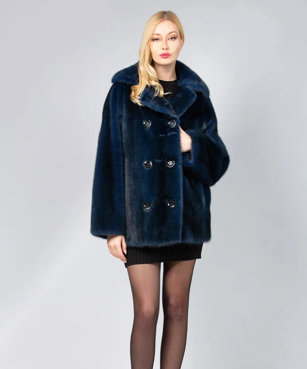 Women’s Double-Breasted Midnight Blue Mink Fur Coat Sleeveless Short Sleeve Long Sleeve