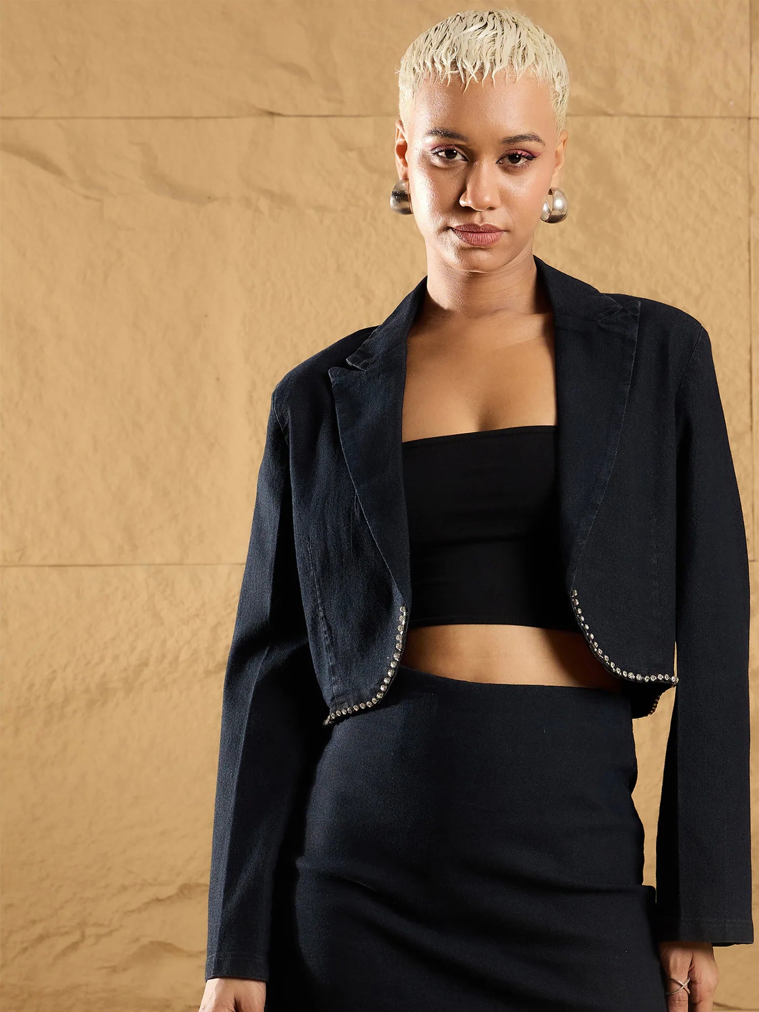 Women Black Denim Notch Collar Crop Blazer-SFJCKT6921 Women's Custom Jacket