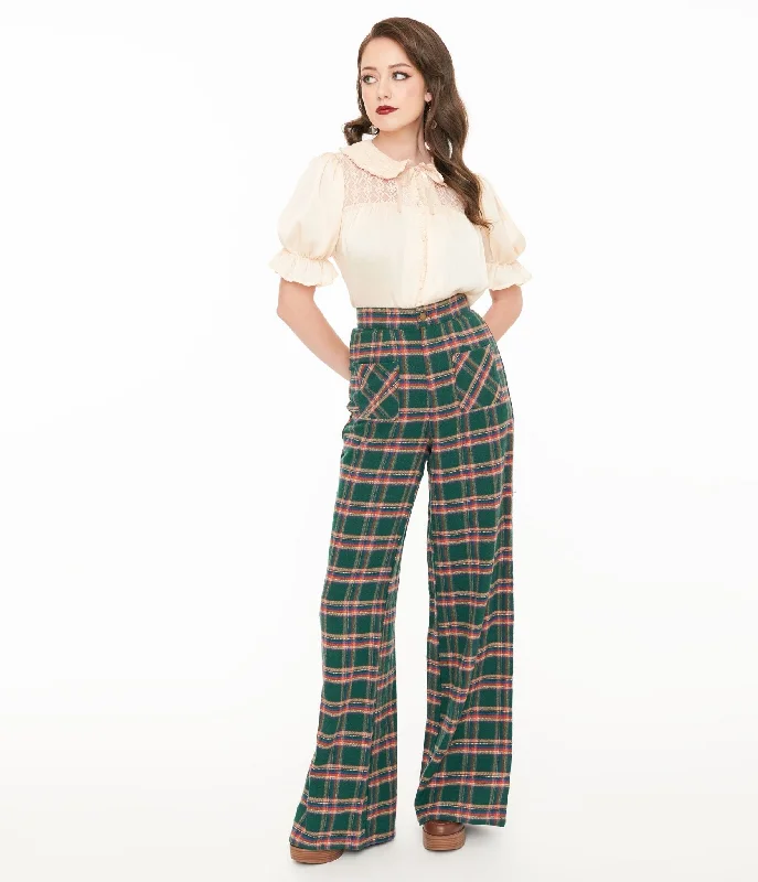 Smak Parlour 1960s Green & Red Plaid Wide Leg Trousers Trousers Print Floral