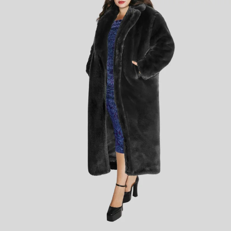 Faux Fur Long Teddy Coat - Black Knit Woven Fleece