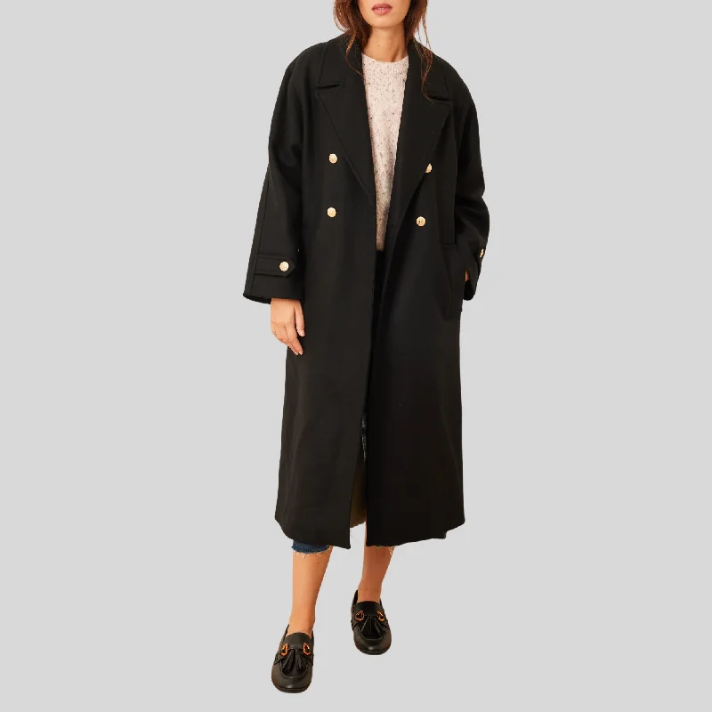 Double Breasted Long Coat - Black Satin Silk Chiffon
