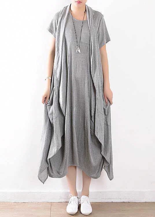 new 2025 gray linen two pieces sleeveless cardigans and o neck maxi dress Stylish Fashionable Trendy
