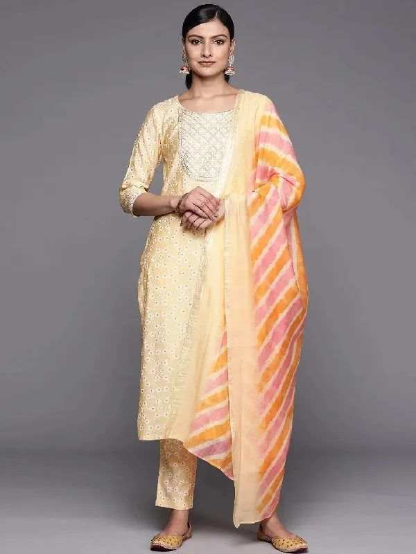 Yellow Yoke Design Silk Blend Straight Kurta With Trousers & Dupatta Trousers Denim Blue