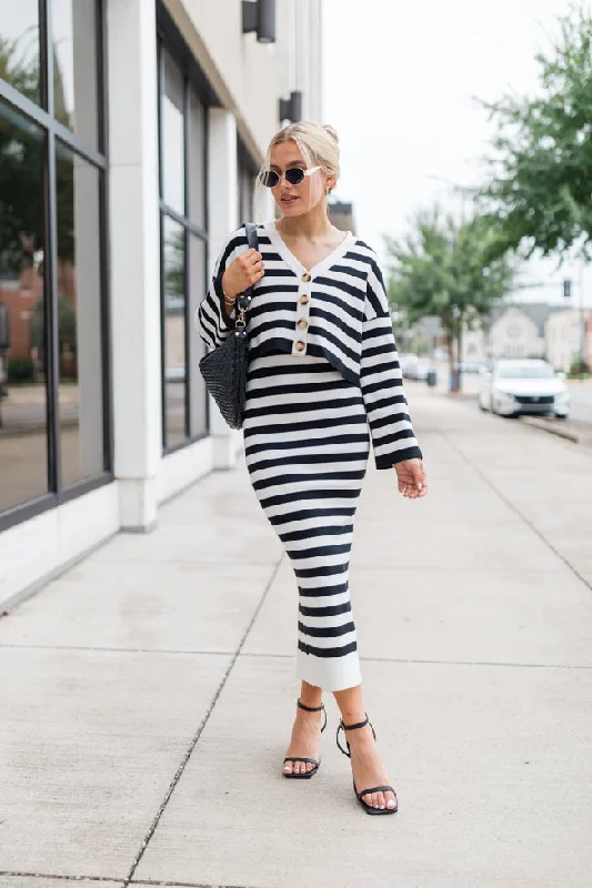Feels Like Love Black and White Striped Dress and Cardigan Set FINAL SALE Elasticated Padded Insulated