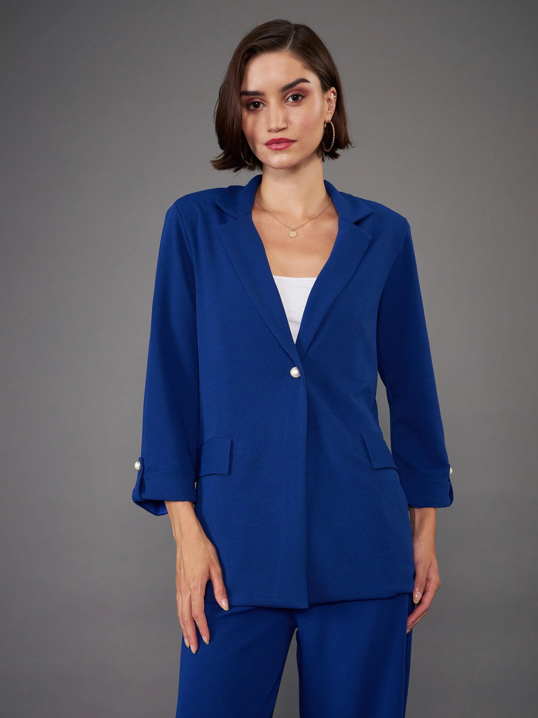 Women Royal Blue Front Button Blazer Women's Classic Suit