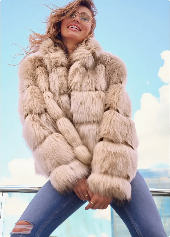 Luxe Tiered Faux Fur Coat - Light Brown Mesh Canvas Denim