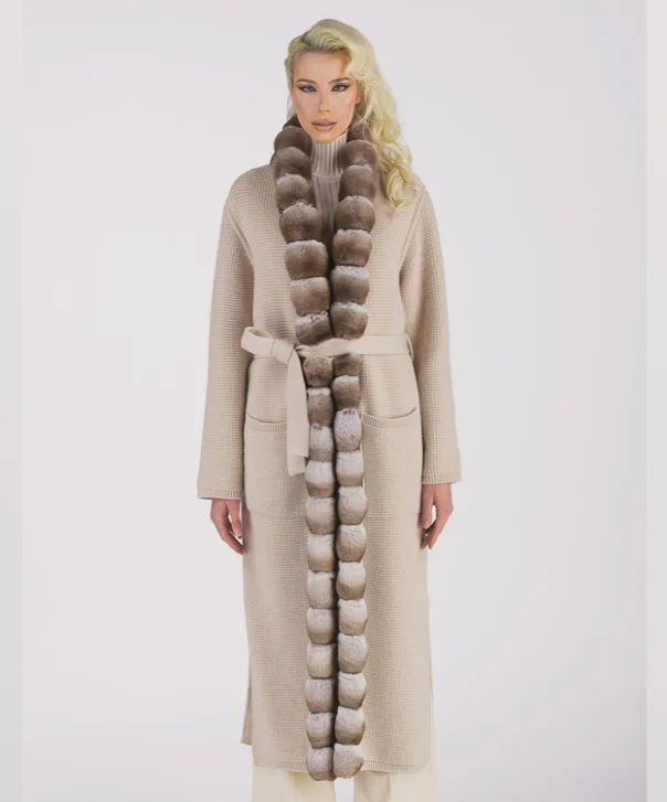 Women’s Beige Chinchilla and Cashmere Coat Buttoned Zippered Snapped