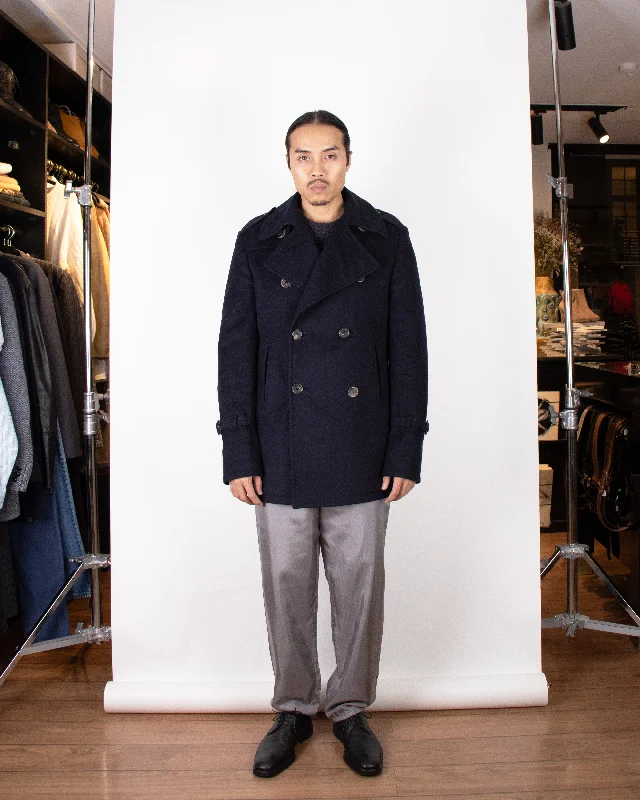 2000s Aquascutum Navy Wool Pea Coat M Shawl Collar Notch Collar Lapel Collar