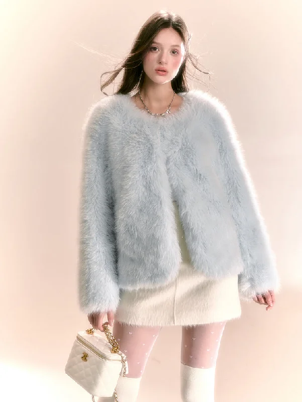 Luxury Wear Small Imitation Fur Blue Short Coat QDQ0104 Embroidered Appliqued Beaded