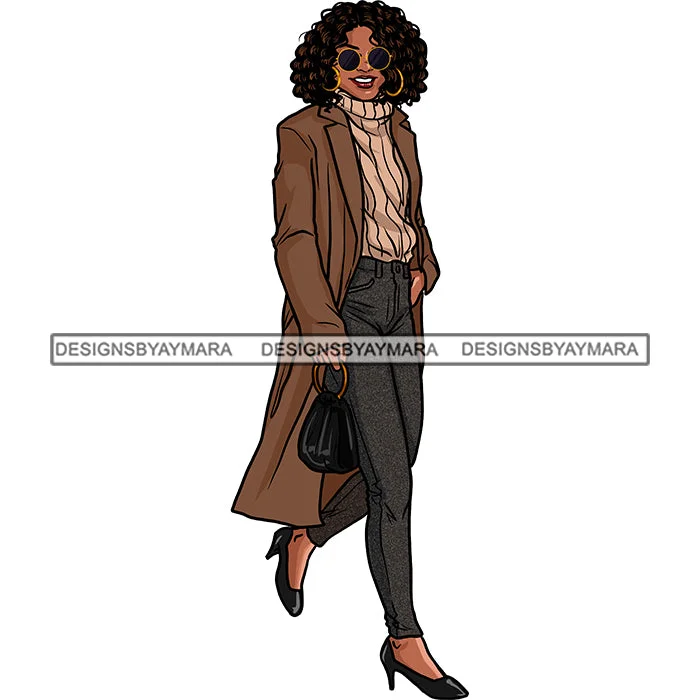 Black Diva Woman Walking With Long Coat Heels JPG PNG  Clipart Cricut Silhouette Cut Cutting empire Basque Peplum